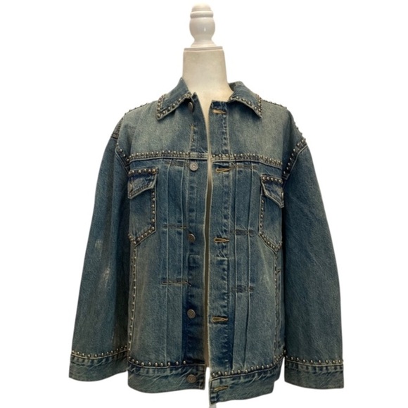 FOUND Azar Studded Oversized Denim Jean Jacket NWT Statement Layering Piece - Picture 3 of 16